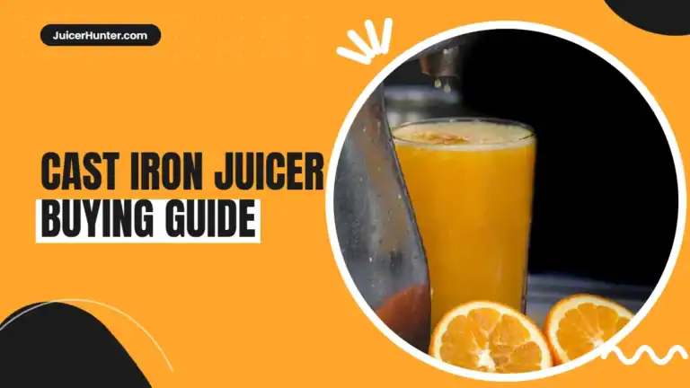 Cast iron juicer press with a lever handle, fresh orange and a glass of orange juice