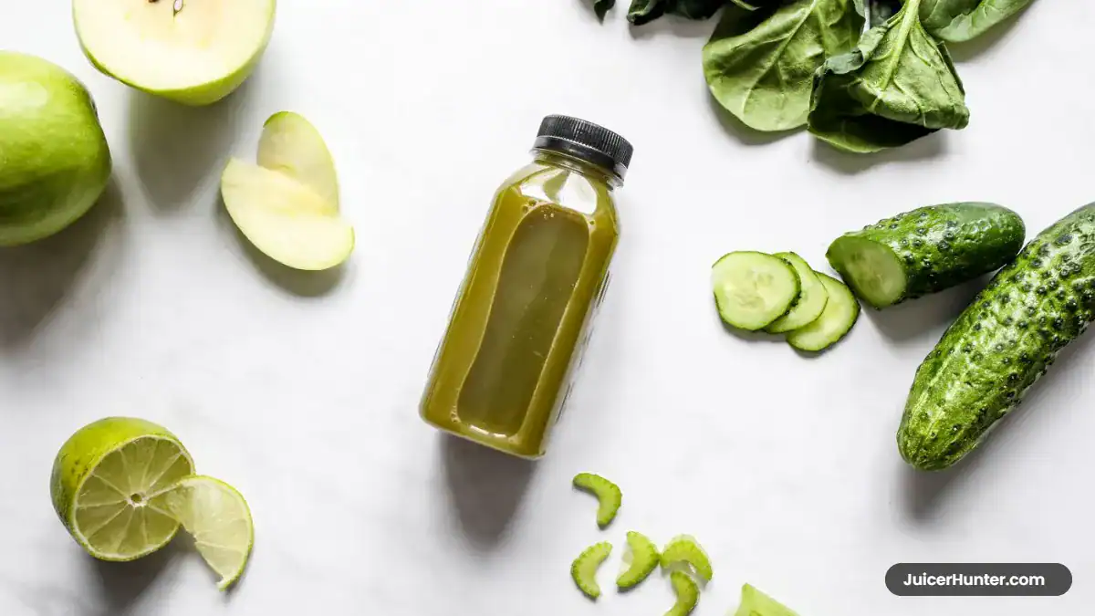Kale green juice in a glass with lemon and apple slices