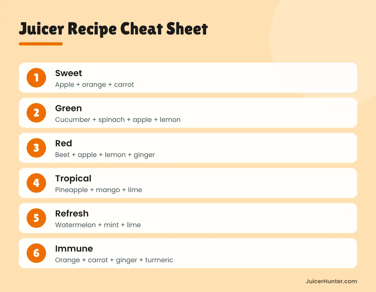 Juicer recipes cheat sheet infographic with six juice combinations