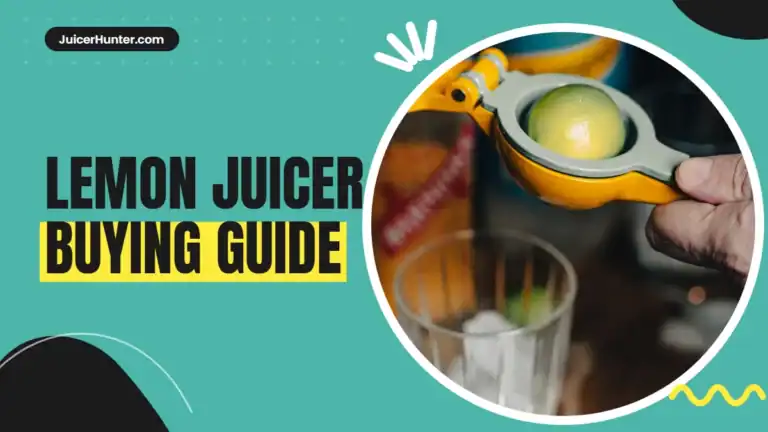 Yellow handheld lemon juicer with fresh lemons and a glass of lemon juice