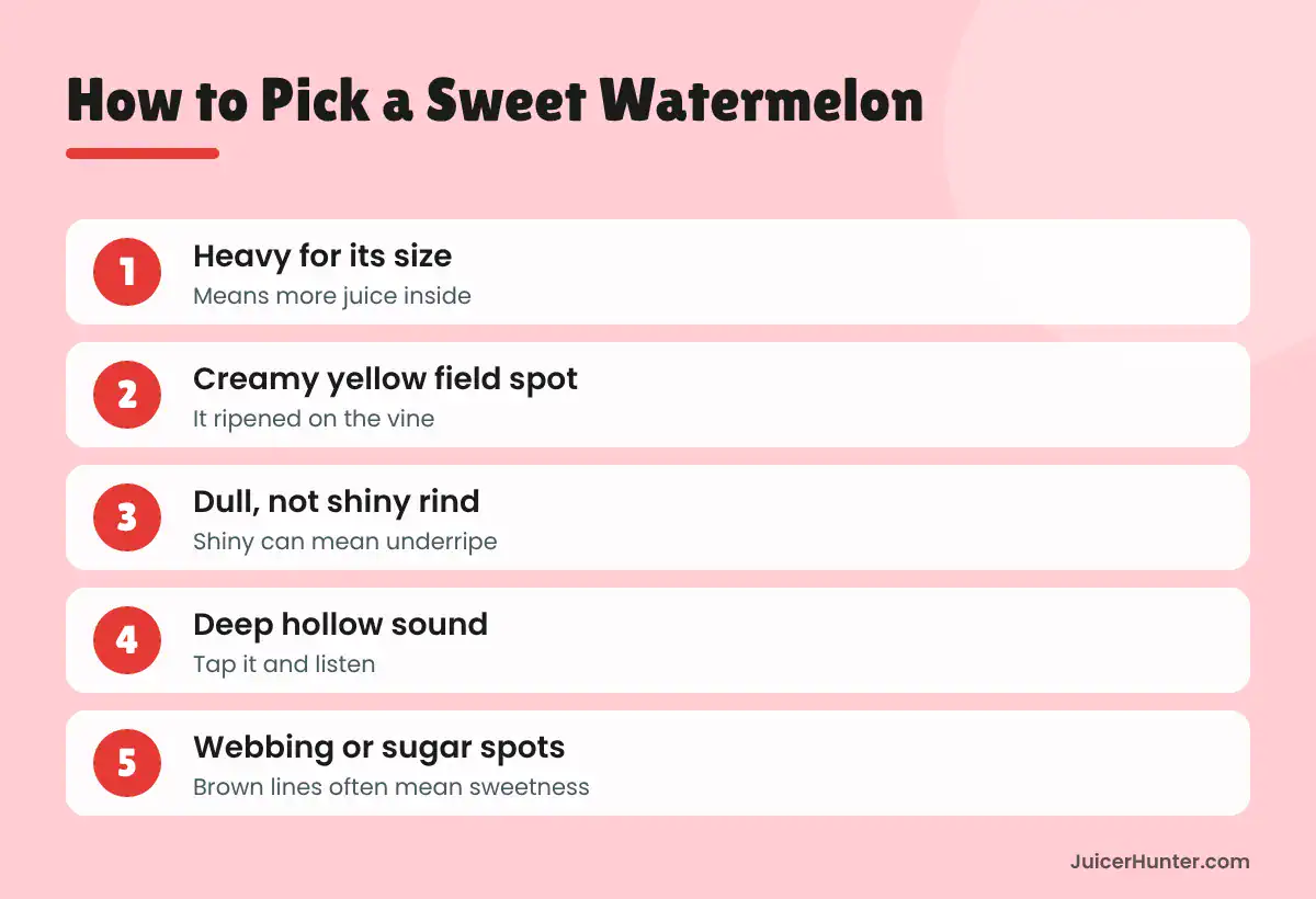 Infographic with five tips for picking a sweet watermelon for juice